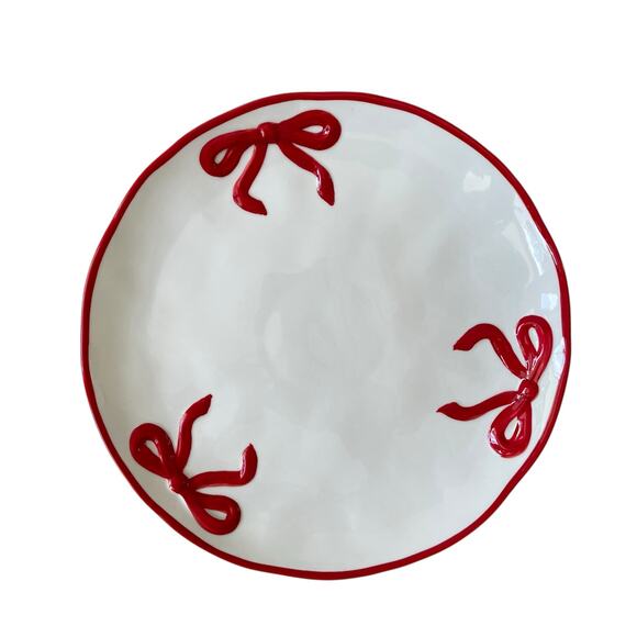 Hand Painted Coquette Red Bow Dinner Plates 10.25in White Ceramic Set of 4 NEW - Picture 2 of 13